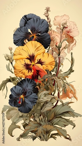 Pansy flower illustration. Floral vintage greeting card background. Generative AI © tanyastock
