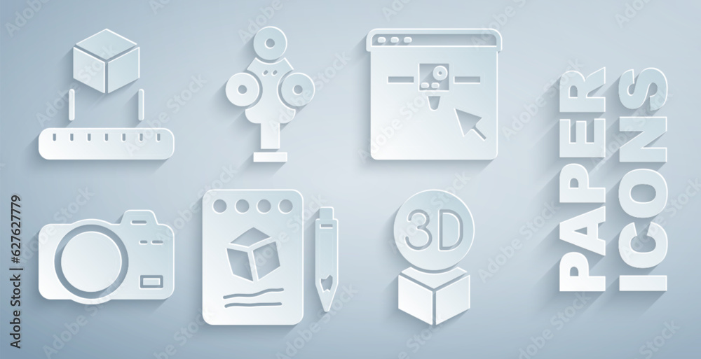 Set Sketch on paper, 3D printer setting, Photo camera, Isometric cube, scanner and icon. Vector