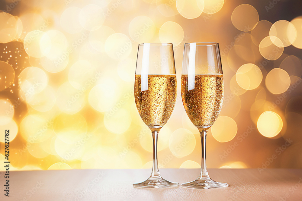  Two vine glasses on the table on a defocused golden bokeh background