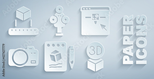 Set Sketch on paper, 3D printer setting, Photo camera, Isometric cube, scanner and icon. Vector