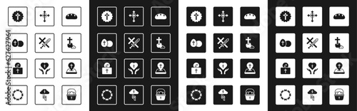 Set Bread loaf, Crusade, Easter egg, Christian cross, Location church building and Donation for icon. Vector