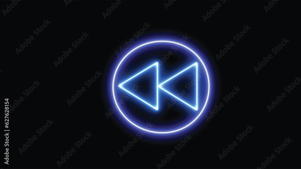 Neon glowing backward button. Fast-backward button with neon circle Neon glowing backward button. Fast-backward button with neon circle