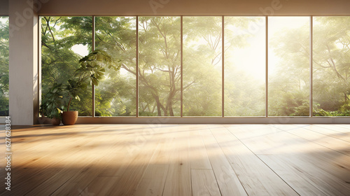 Empty room of modern contemporary loft with wooden floor and large windows to garden. Copy space. Generative AI