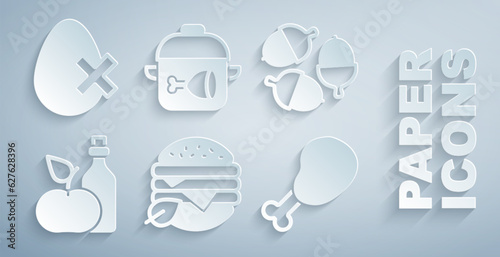 Set Vegan food diet, Acorn, Apple cider vinegar in bottle, Chicken leg, Cooking pot and chicken and No egg icon. Vector
