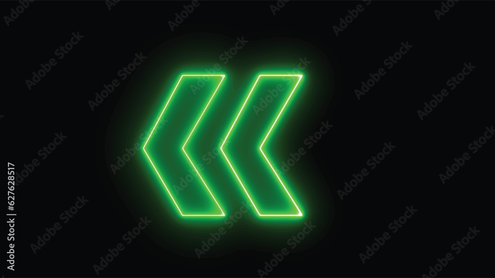 Bright green arrow for evacuation direction illuminated indoors. neon left direction in the night. Flashing direction indicators. Bright green arrow for evacuation direction illuminated indoors. neon left direction in the night. Flashing direction indicators.