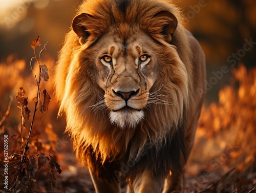 A lion in the savannah at sunset, male lion, king of the wilderness generative ai © Generative Ai