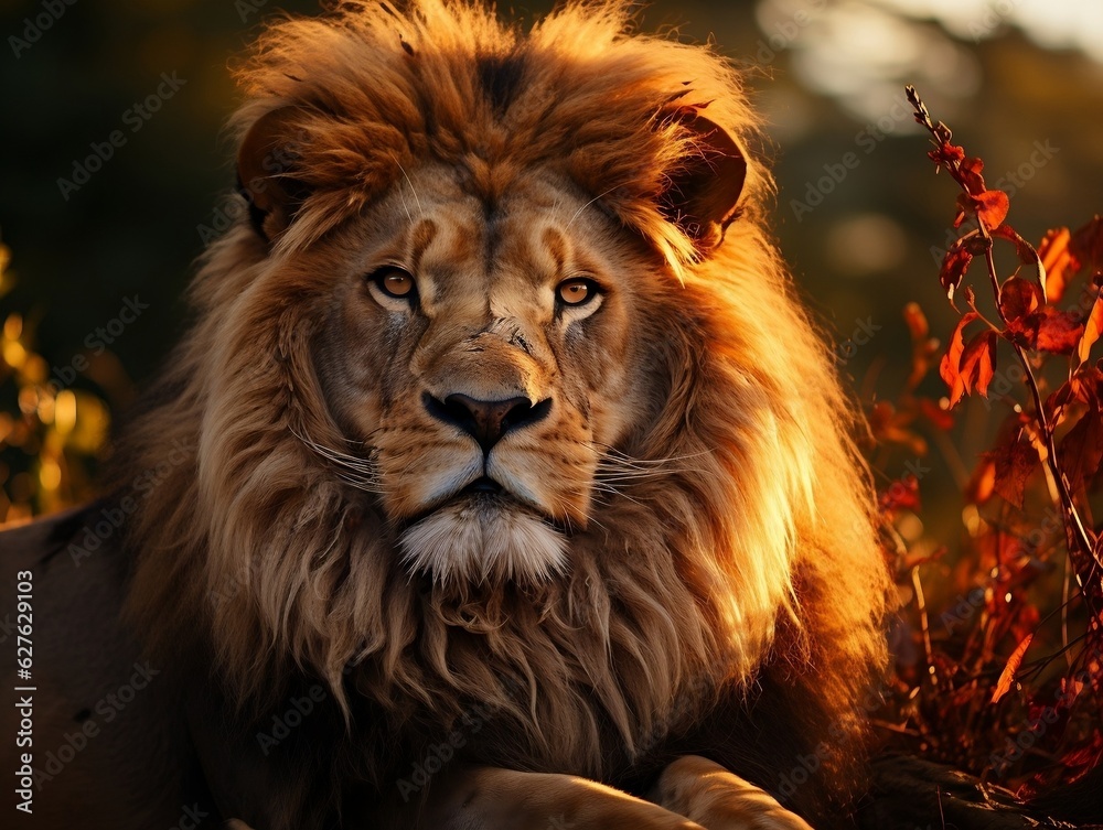 Naklejka premium A lion in the savannah at sunset, male lion, king of the wilderness generative ai