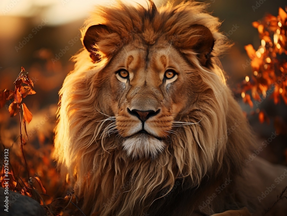 A lion in the savannah at sunset, male lion, king of the wilderness generative ai