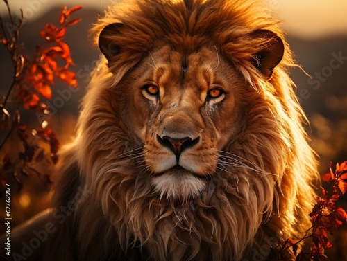 A lion in the savannah at sunset, male lion, king of the wilderness generative ai