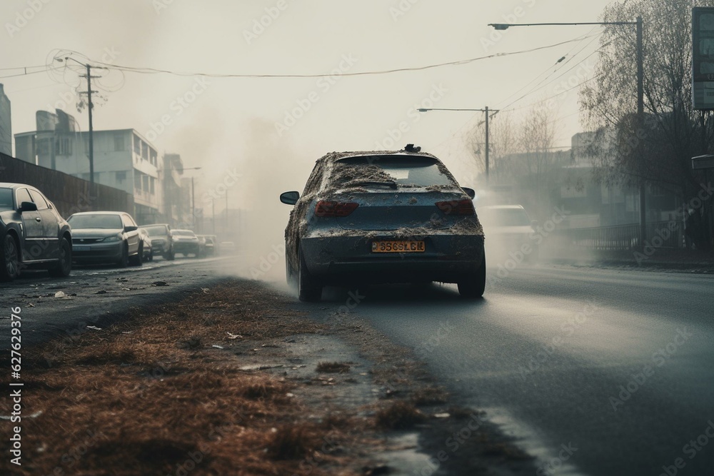 Diesel car emissions polluting road. Generative AI