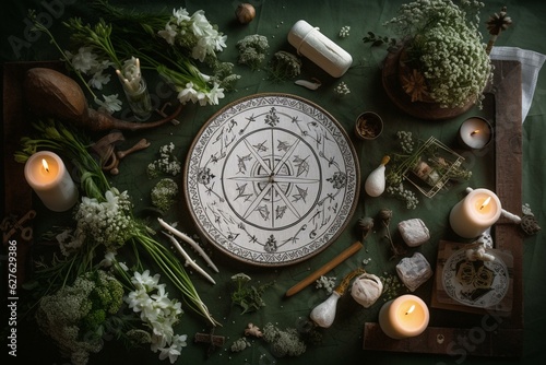 Altar setup for Imbolc Sabbath featuring Brigid's cross, candle, wheel of the year, snowdrops, sun and moon symbols. Perfect for spring pagan ritual. (Flat lay). Generative AI