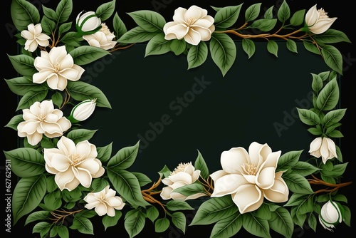 A floral border of gardenia flowers accompanies a blank area for text. Generative AI