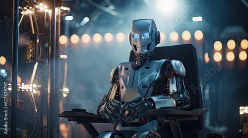 A robot in the director chair on a film set. The concept of artificial intelligence