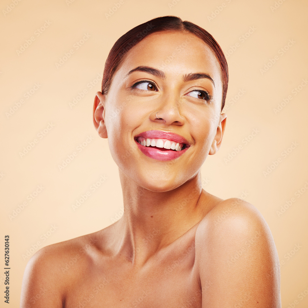 Beauty, skincare and face of happy woman in studio isolated on a brown background. Cosmetics, smile and natural model with spa facial treatment for dermatology, aesthetic and wellness for skin health Beauty, skincare and face of happy woman in studio isolated on a brown background. Cosmetics, smile and natural model with spa facial treatment for dermatology, aesthetic and wellness for skin health