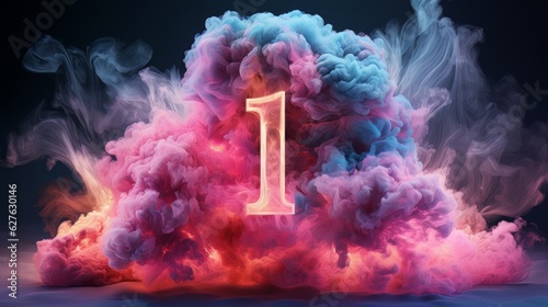 neon linear number one and colorful cloud glowing with pink blue neon light, abstract fantasy background