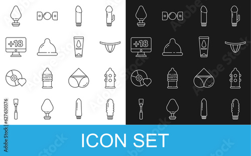 Set line Dildo vibrator, Condom, Woman panties, Monitor with 18 plus content, Anal plug and Personal lubricant icon. Vector