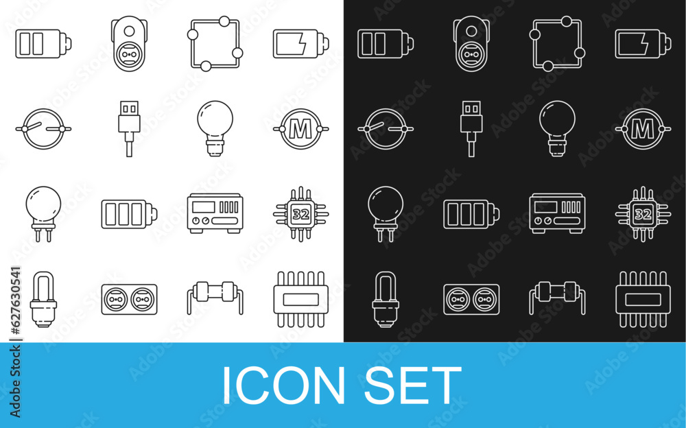 Set line Processor with microcircuits CPU, Electric scheme, USB cable cord, Battery charge level indicator and Light bulb concept of idea icon. Vector Set line Processor with microcircuits CPU, Electric scheme, USB cable cord, Battery charge level indicator and Light bulb concept of idea icon. Vector