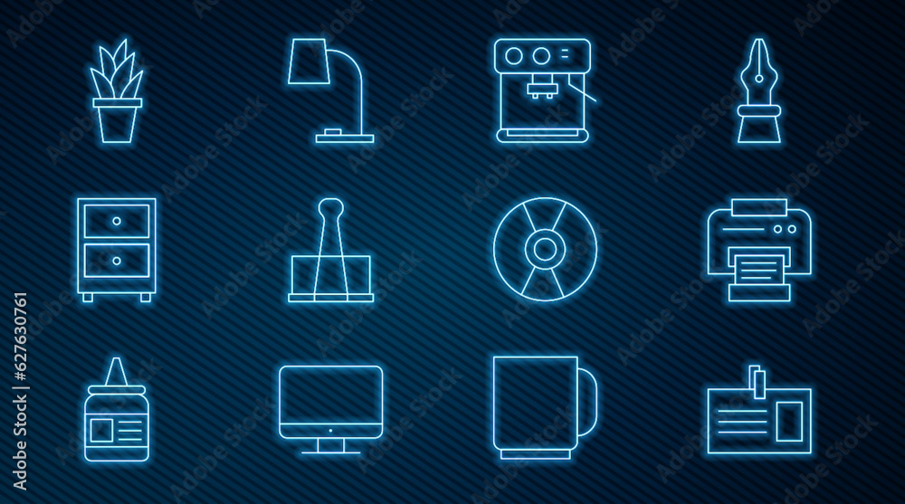 Set line Identification badge, Printer, Coffee machine, Binder clip, Drawer with documents, Plant pot, CD or DVD disk and Table lamp icon. Vector