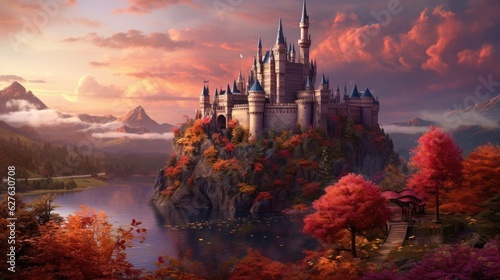 Castle on the hill in sunset with pastel color sky and orange autumn garden and park.