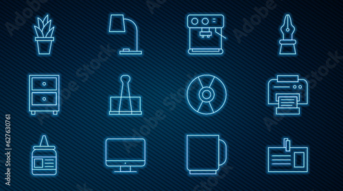 Set line Identification badge, Printer, Coffee machine, Binder clip, Drawer with documents, Plant pot, CD or DVD disk and Table lamp icon. Vector