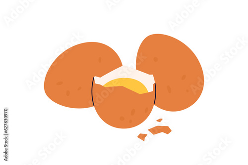 Raw chicken eggs in brown shell. Whole and cracked eggshell of healthy fresh food ingredient. Protein and yolk nutrition. Flat vector illustration isolated on white background