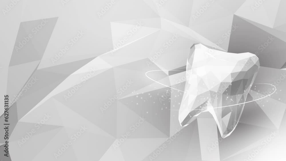 White polygonal medical 3D model tooth. Dental symbol on low poly triangles background. Abstract looping grey animation with glowing particles.