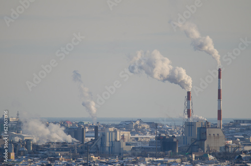 Smokestacks of a mill of the Nippon Paper Industries Co. photo