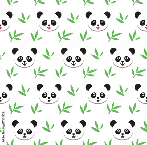 Panda bear and bamboo leaves on white background. kawaii animal kids seamless pattern design for wrapping paper, fabric and textile