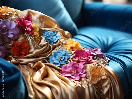 Handcrafted luxurious fabrics, pink, blue, and gold velvet luxury designs generative ai