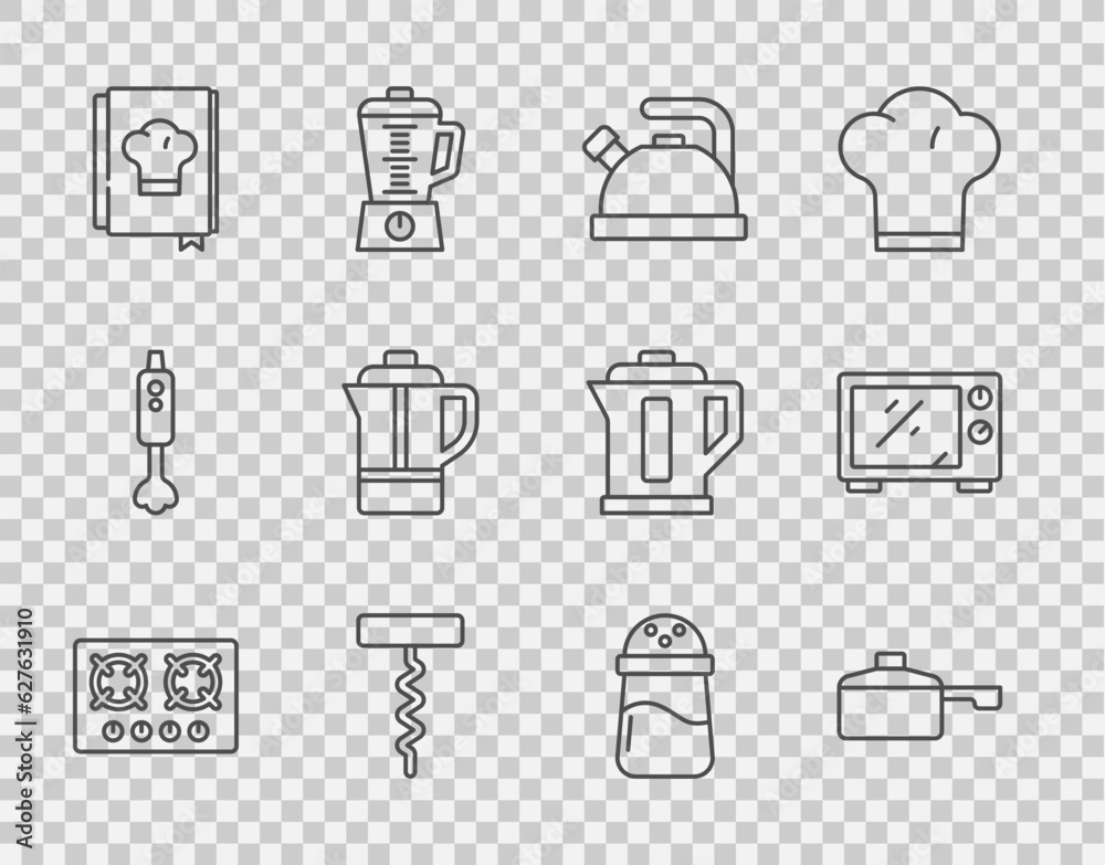 Set line Gas stove, Frying pan, Kettle with handle, Wine corkscrew, Cookbook, Teapot, Salt and Microwave oven icon. Vector