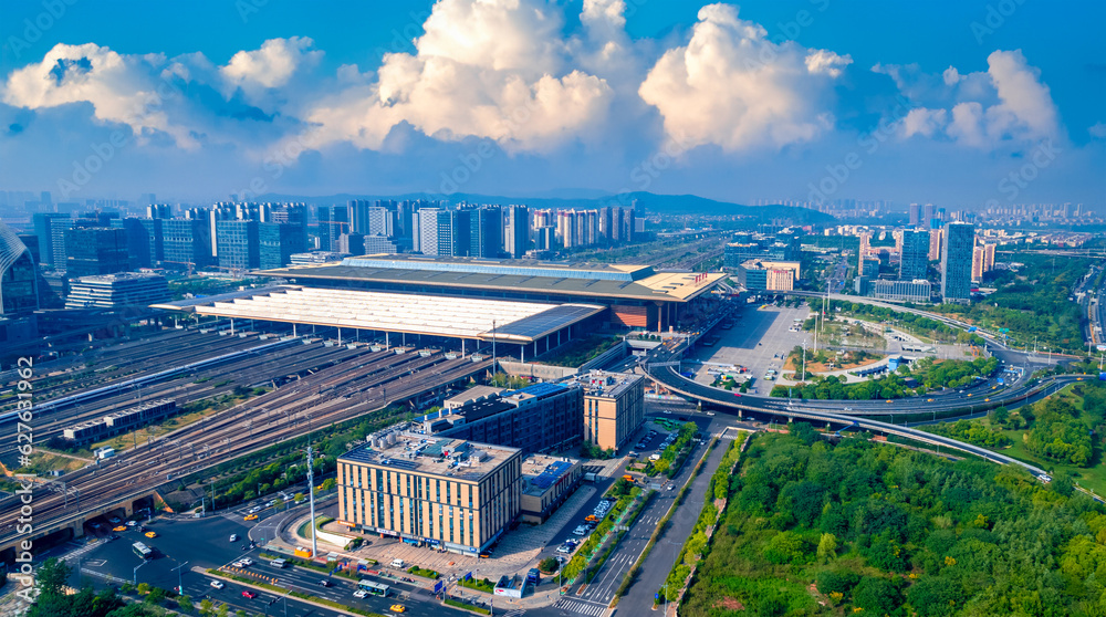 Aerospace scenery of Nanjing South Railway Station, Jiangsu Province, China