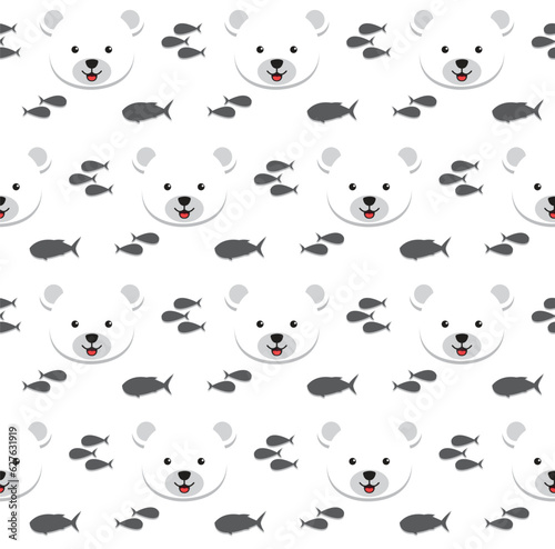 Polar bear and fish silhouette on white background. kawaii animal kids seamless pattern design for wrapping paper, fabric and textile.