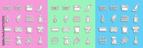 Set line Feather broom, Dirty t-shirt, Bottle for cleaning agent, Basin with soap suds, Rubber cleaner windows, Toilet brush, Temperature wash and Brush icon. Vector