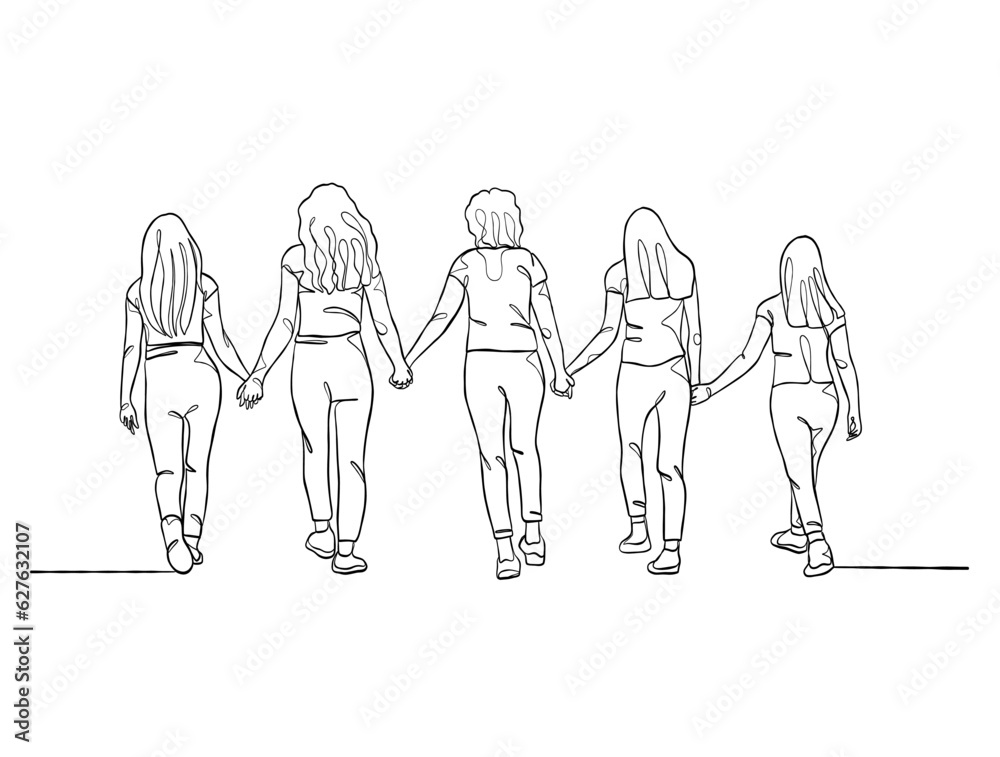 Continuous one line drawing group of friends illustration. Vector illustration.