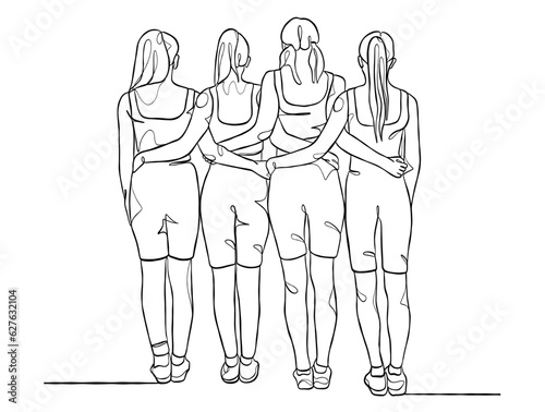 Continuous one line drawing group of friends illustration. Vector illustration.