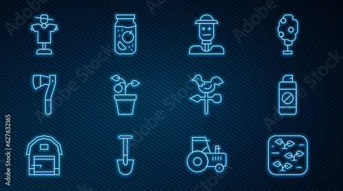 Set line Plant, Garden sprayer for fertilizer, Scarecrow, in pot, Wooden axe, Rooster weather vane and Jam jar icon. Vector