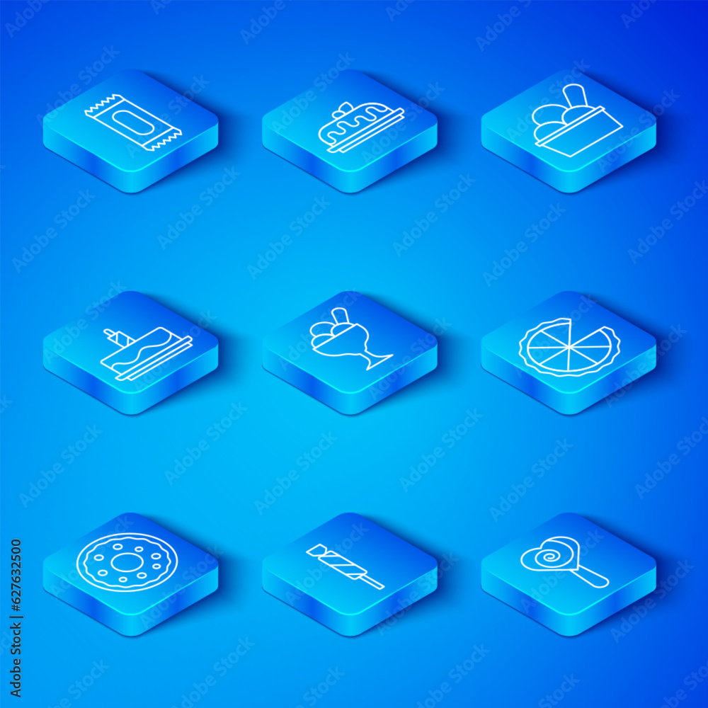 Set line Donut, Ice cream in bowl, Candy, Homemade pie, Cake with burning candles, and Lollipop icon. Vector Set line Donut, Ice cream in bowl, Candy, Homemade pie, Cake with burning candles, and Lollipop icon. Vector
