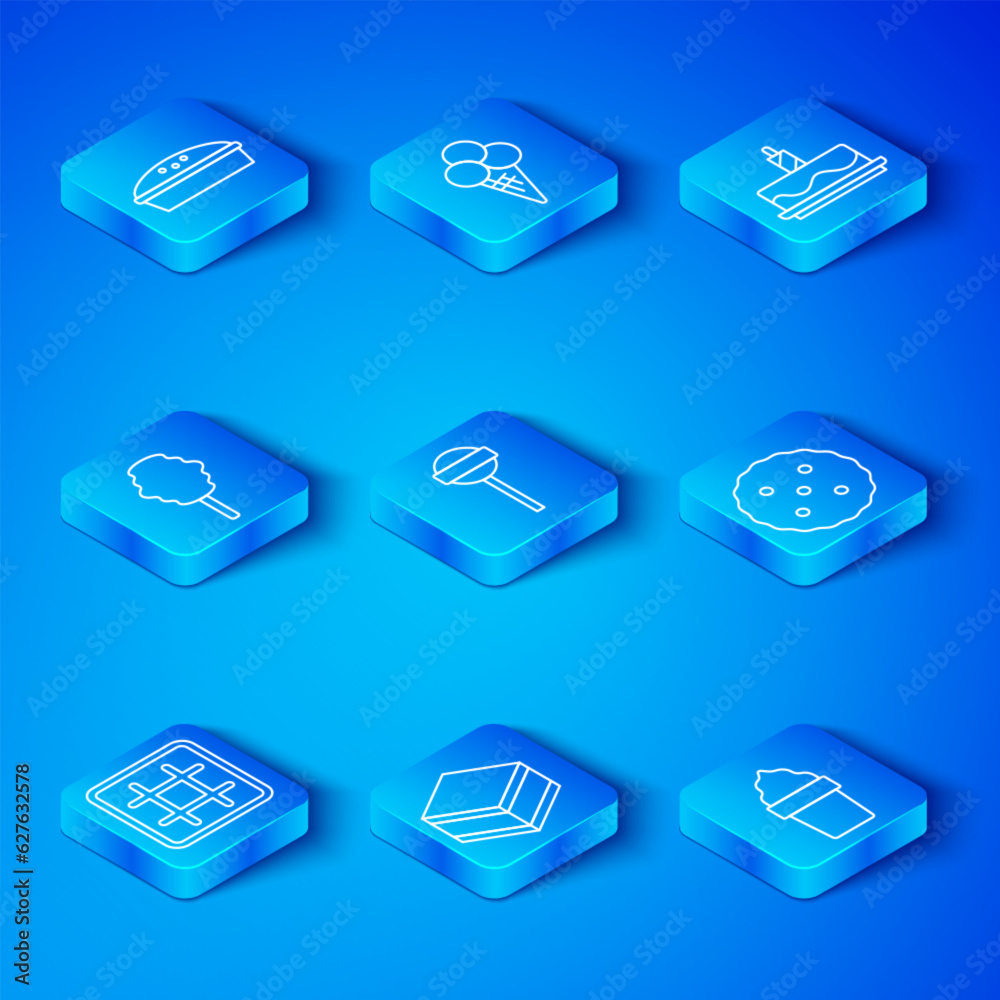 Set line Waffle, Lollipop, Brownie chocolate cake, Cookie or biscuit, Cake with burning candles, Cotton candy, Homemade pie and Ice cream waffle cone icon. Vector Set line Waffle, Lollipop, Brownie chocolate cake, Cookie or biscuit, Cake with burning candles, Cotton candy, Homemade pie and Ice cream waffle cone icon. Vector