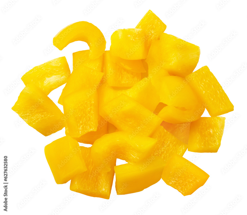 Yellow pepper isolated. Sliced pieces of Bulgarian pepper on a transparent background, top view. Yellow pepper isolated. Sliced pieces of Bulgarian pepper on a transparent background, top view.
