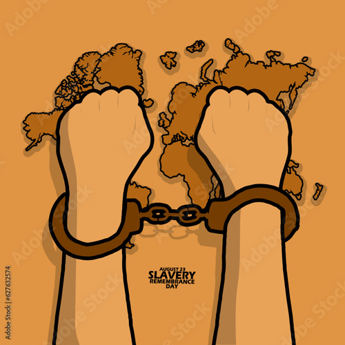 A pair of handcuffed hands and a world map, with bold text on brown background to commemorate Slavery Remembrance Day on August 23
