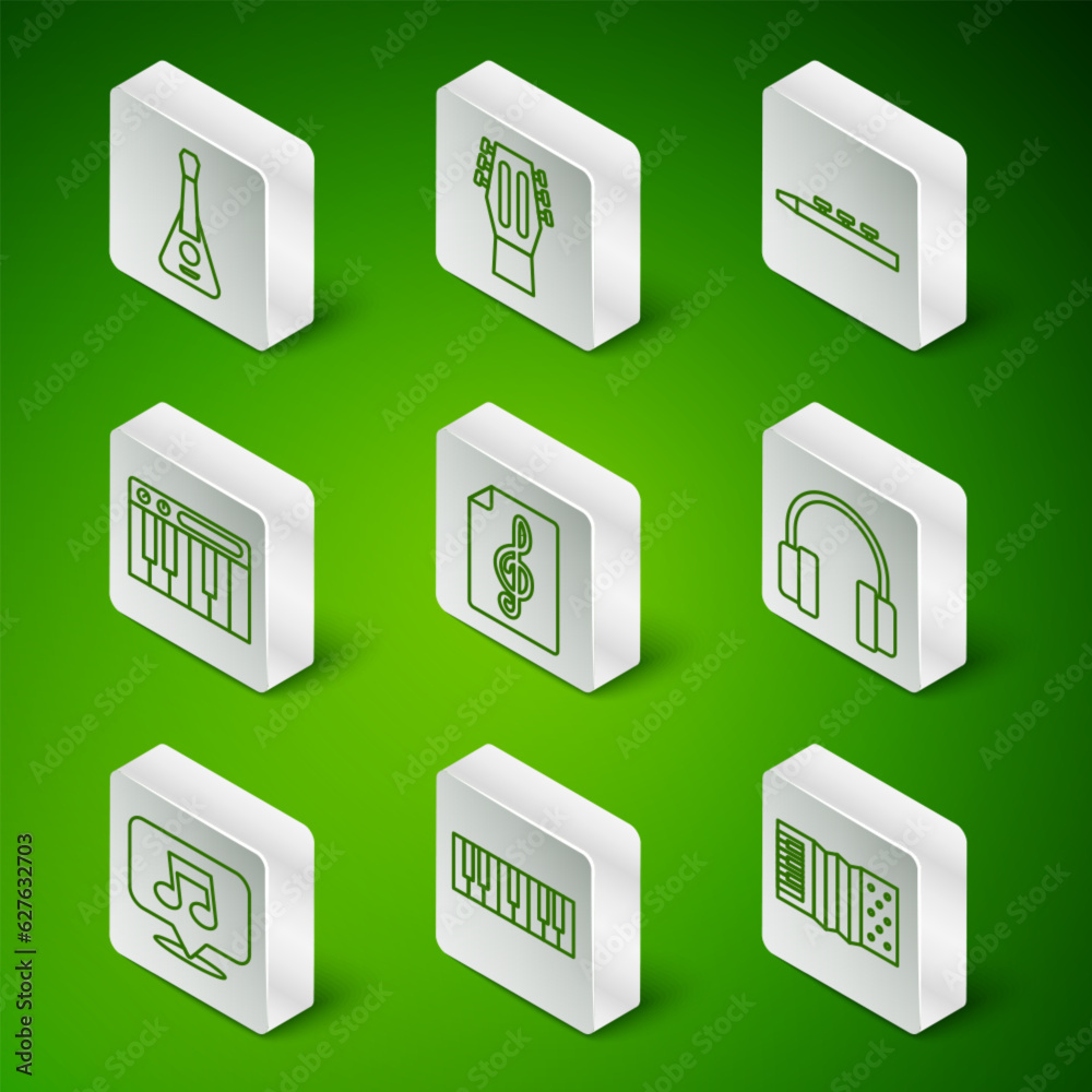 Set line Accordion, Music synthesizer, Guitar, Treble clef, note, tone and Headphones icon. Vector Set line Accordion, Music synthesizer, Guitar, Treble clef, note, tone and Headphones icon. Vector
