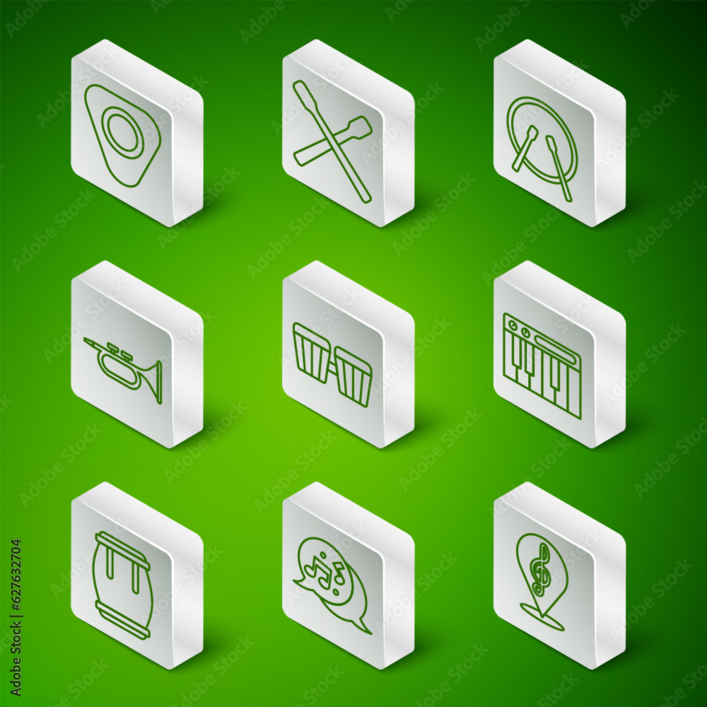 Set line Treble clef, Music note, tone, Guitar pick, Drum, Trumpet, sticks, and synthesizer icon. Vector Set line Treble clef, Music note, tone, Guitar pick, Drum, Trumpet, sticks, and synthesizer icon. Vector