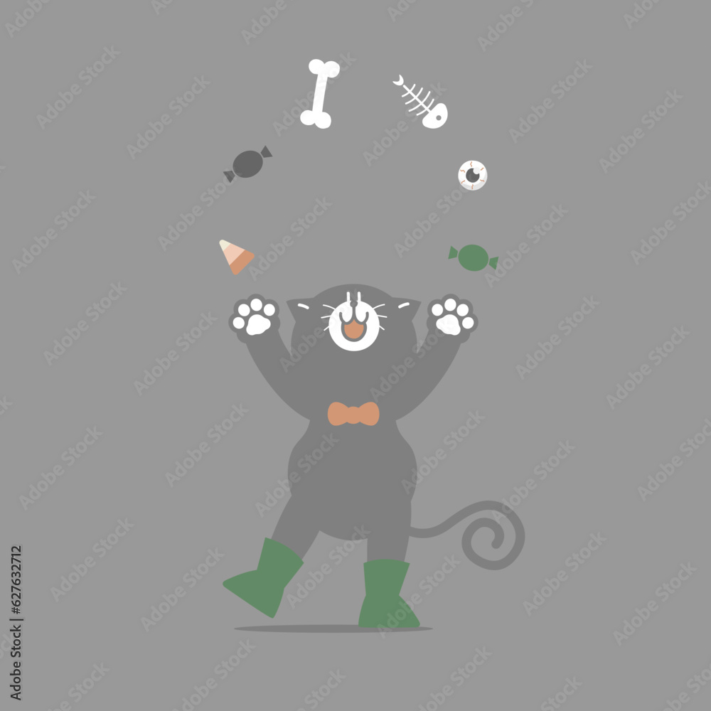 happy halloween holiday festival with cute black cat, candy, eyeball, and fish bone, flat vector illustration cartoon character design happy halloween holiday festival with cute black cat, candy, eyeball, and fish bone, flat vector illustration cartoon character design
