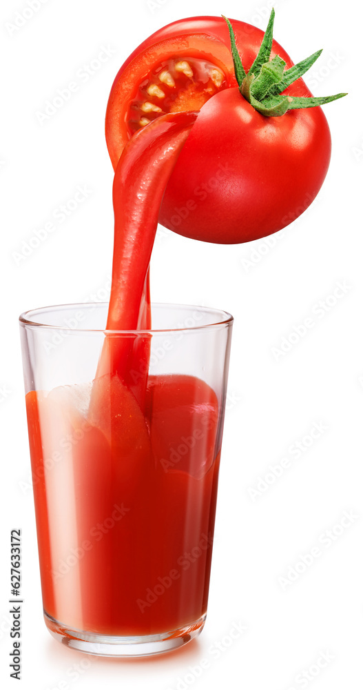 Glass of tomato juice and pouring juice from ripe red tomato isolated on white background. Conceptual picture. Glass of tomato juice and pouring juice from ripe red tomato isolated on white background. Conceptual picture.