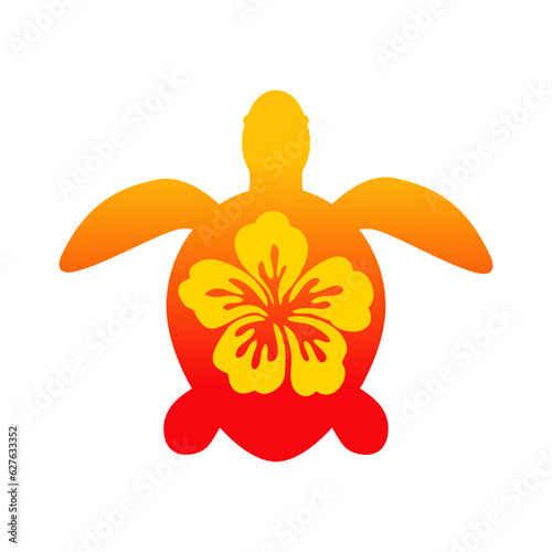 Logo vacaciones en Hawái. Silueta de flor de hibisco en tortuga marina