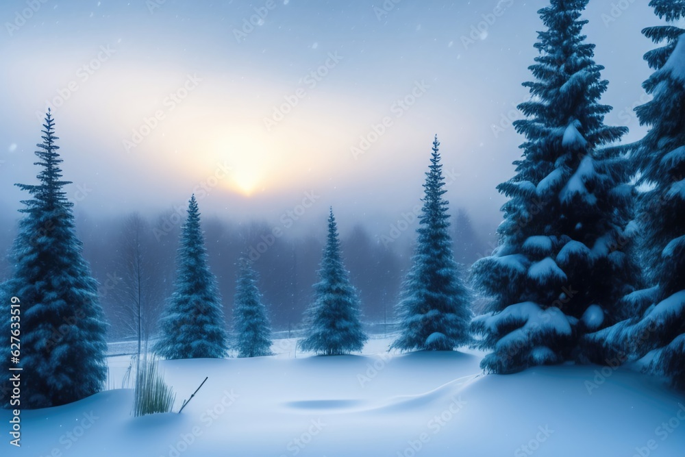 Beautiful winter landscape with fir trees in a snowy forest. AI generated.
