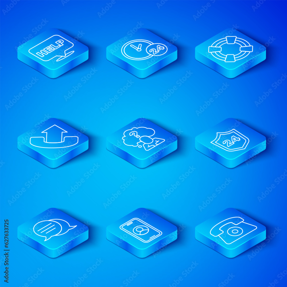 Set line Speech bubble chat, Head with question mark, Telephone 24 hours support, Lifebuoy, text Help and icon. Vector Set line Speech bubble chat, Head with question mark, Telephone 24 hours support, Lifebuoy, text Help and icon. Vector
