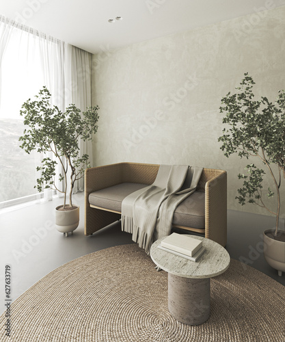 Conceptual interior livingroom with stucco beige wall. Creative composition bench with stone table in pastel color. Mockup empty background. 3d rendering. High quality 3d illustration