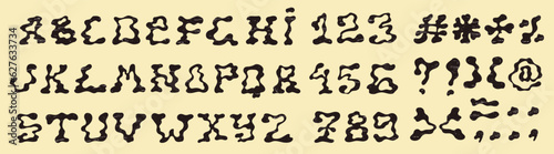 Grunge alphabet, numbers, and symbols. Set of funky letters. Vector.