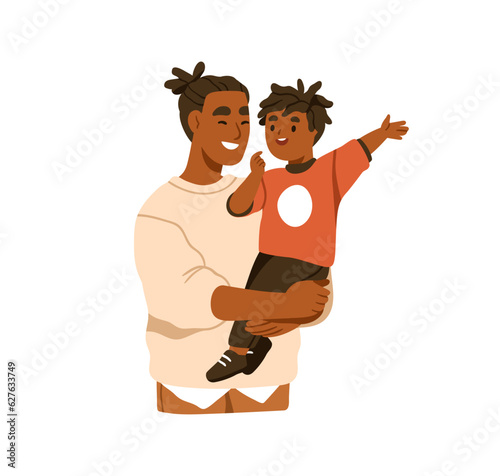 Kid talking with father. Happy excited child boy speaking with dad, laughing. Parent and toddler son, communication, relationship concept. Flat vector illustration isolated on white background